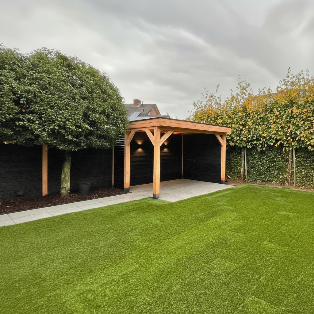 Houten overkapping met sfeervolle tuin